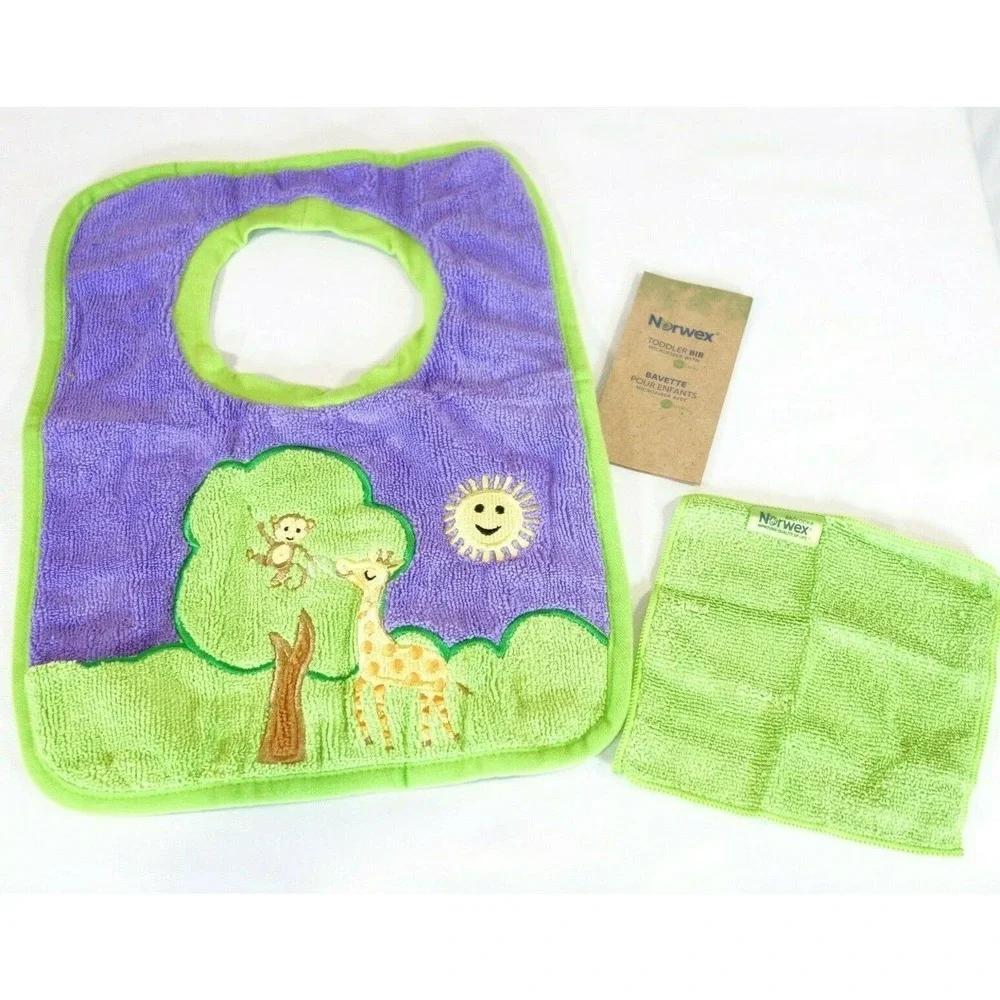 New Norwex Baby Bib Yellow Sunshine & Purple Tree +Washcloth Set of 2 Microfiber
